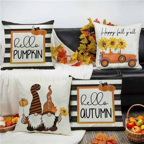 (Only Covers) Set of 4 Fall Pillow Covers 18x18 Hello Pumpkins Welcome Trucks - Picture 3 of 7